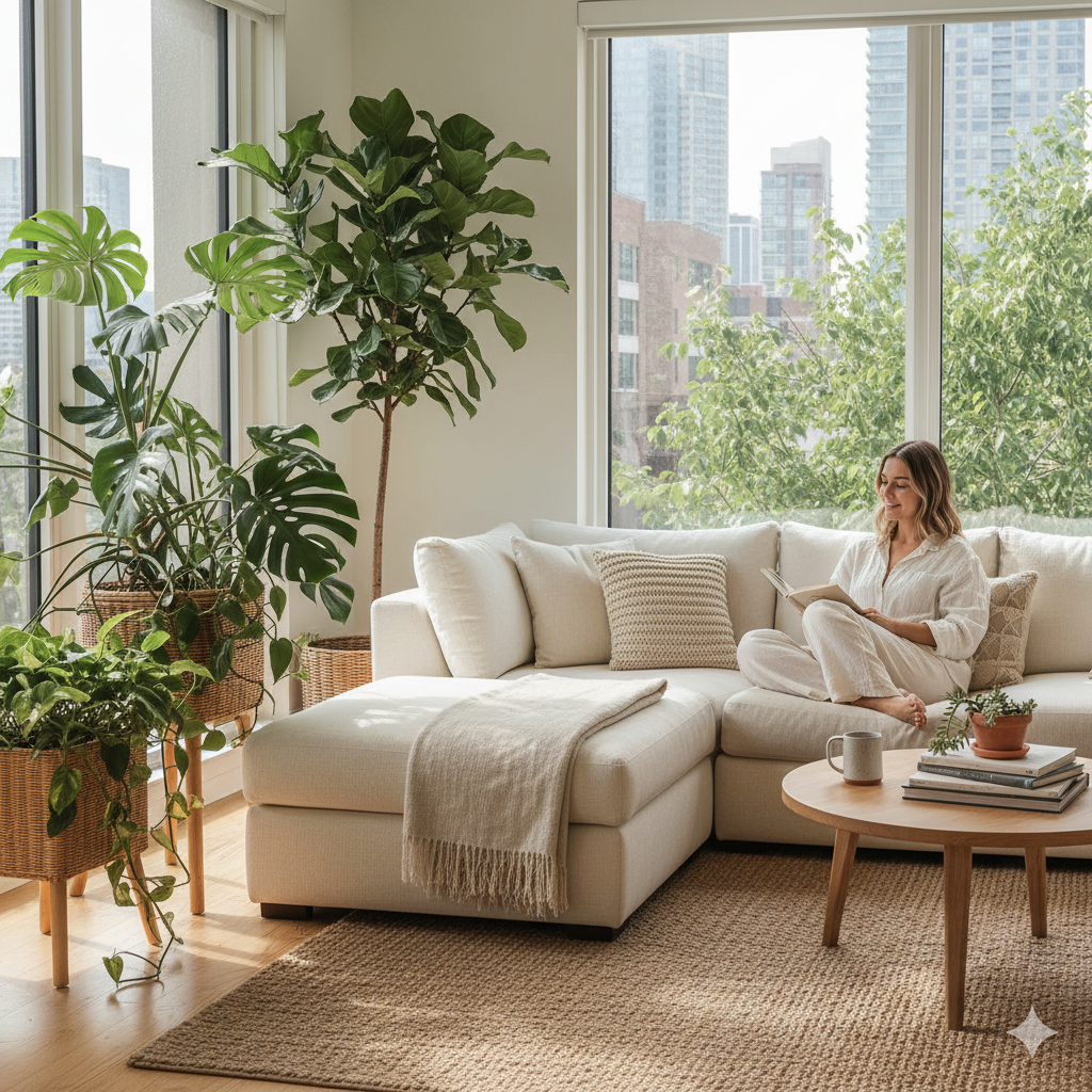 Vrouw die leest in een woonkamer met monstera en grote vioolbladficus voor een stedelijk raam.