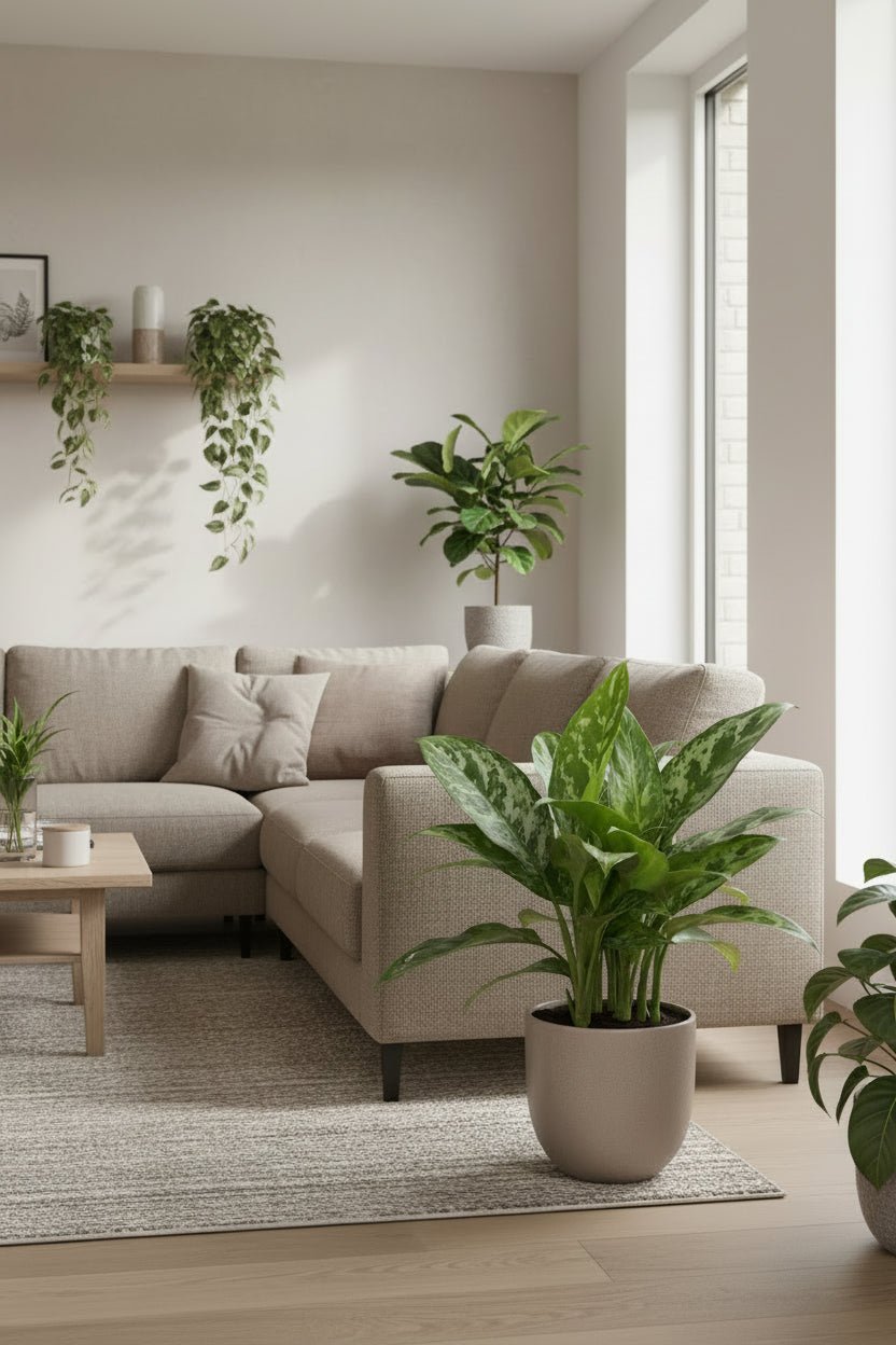 Aglaonema Green Lady — Planta china en la sala junto al sofá gris