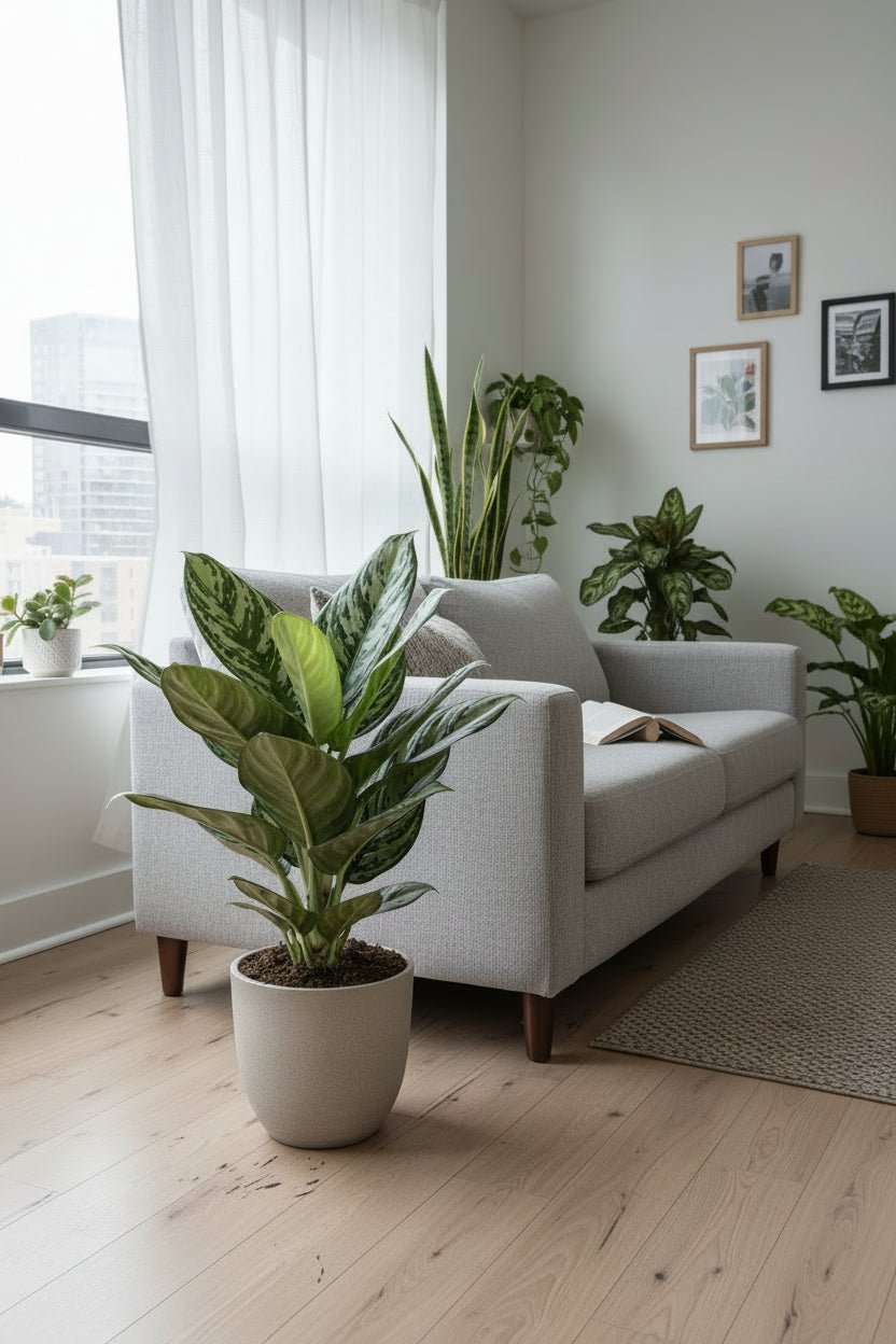 planta aglaonema jungle silver gran formato instalada junto al sofá en la sala