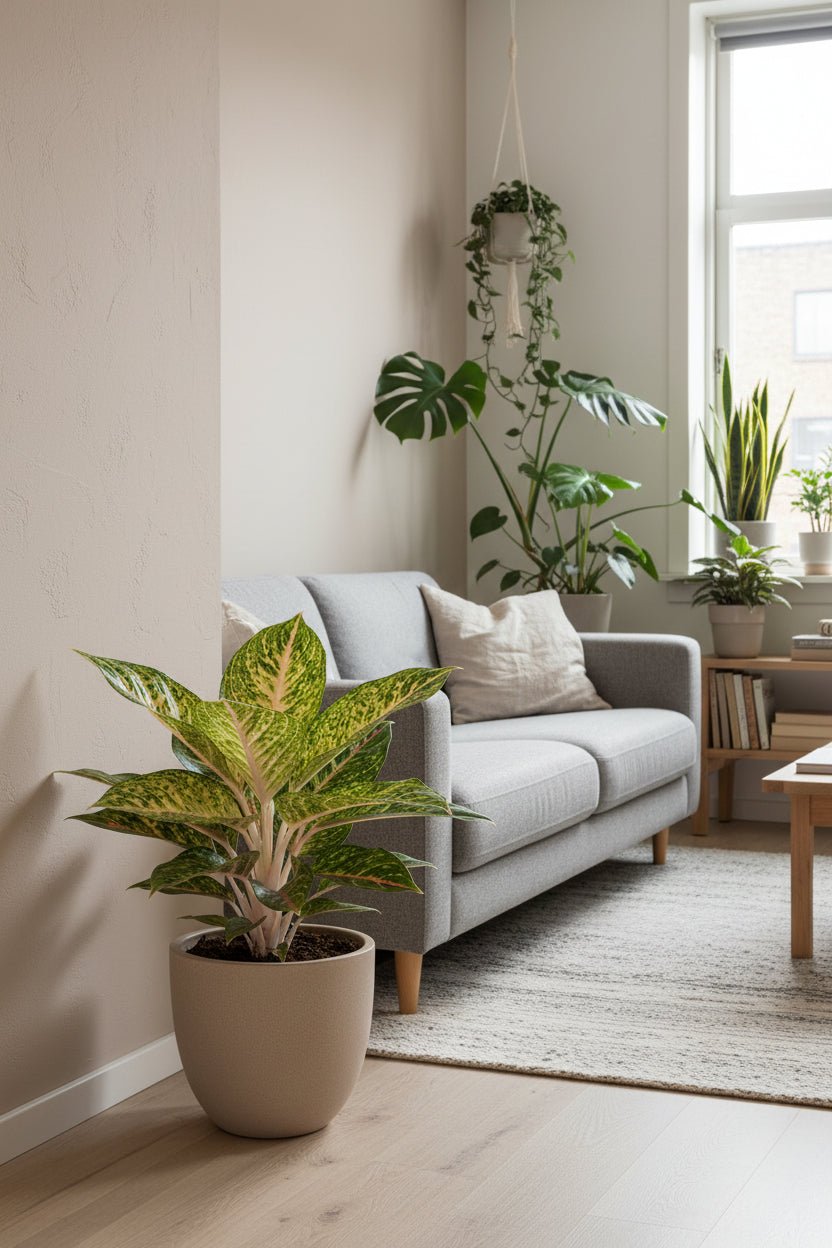 Aglaonema Spring Red, planta china en el suelo junto al sofá en la sala de estar