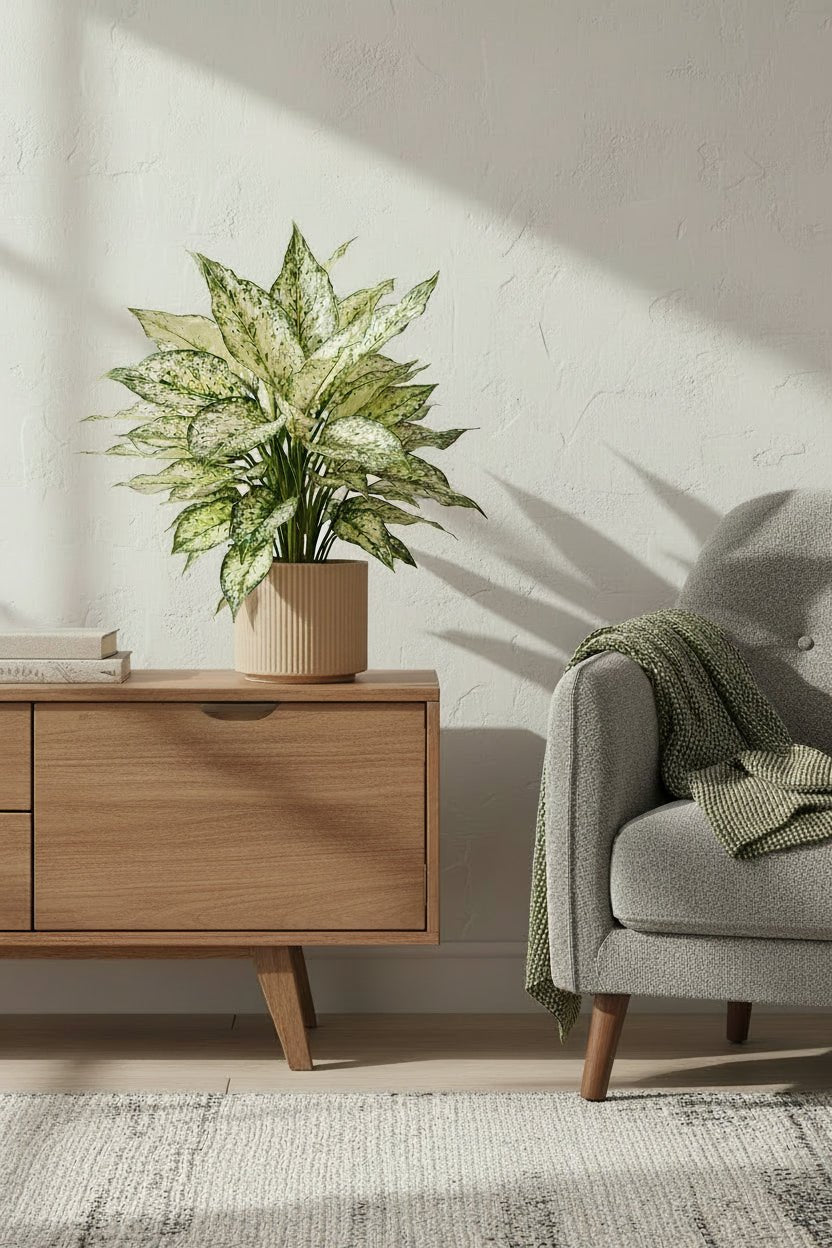 Aglaonema White Kiwi — Planta china sobre un mueble de madera junto al sillón