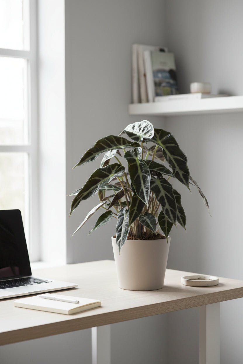 Alocasia Bambino Arrow — Olifantsoor op een bureau naast de computer