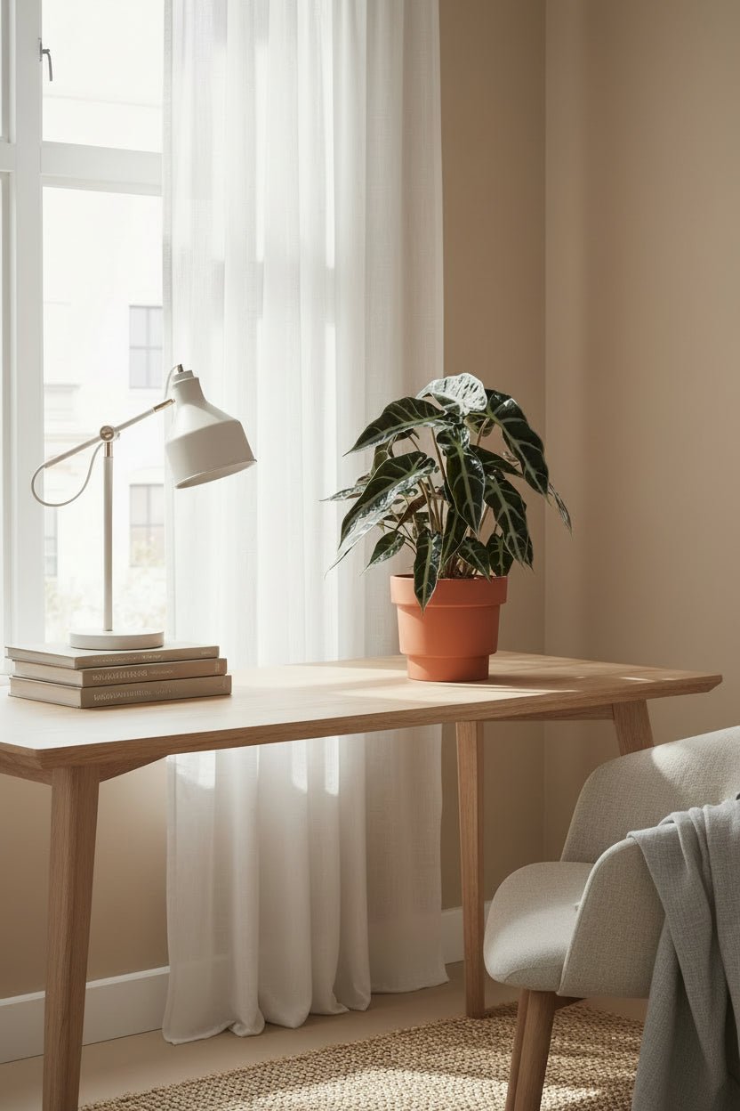 Alocasia Bambino Arrow — Oreja de elefante sobre un escritorio en una habitación soleada