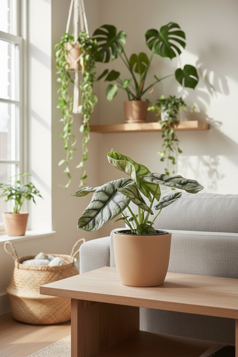 Alocasia Nebula Silver Compacta behind a sofa on a wooden piece of furniture