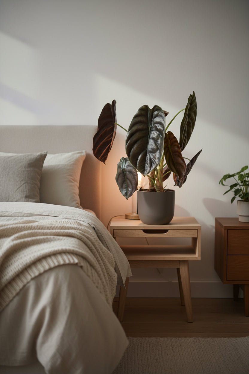 Alocasia Red Secret op een nachtkastje in een slaapkamer