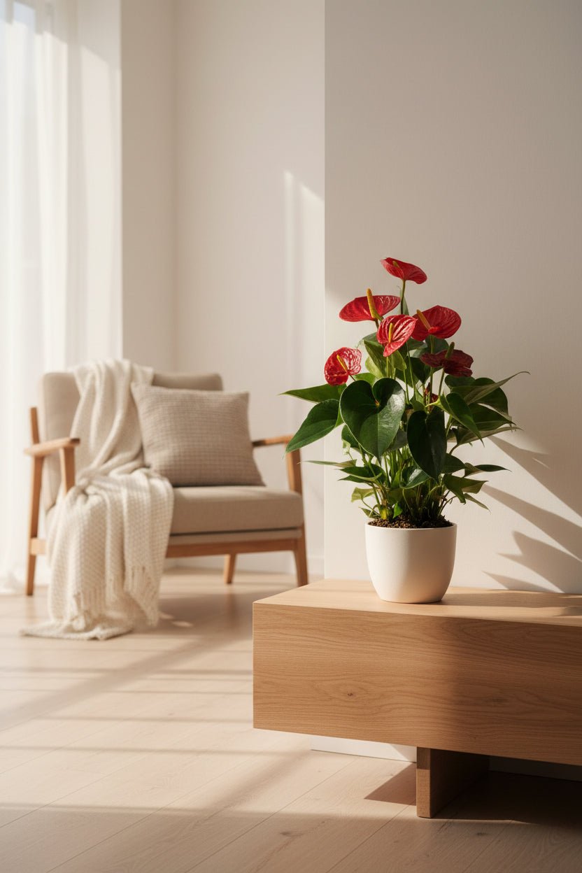 Anthurium rojo Success Red colocado sobre un mueble de madera en el salón