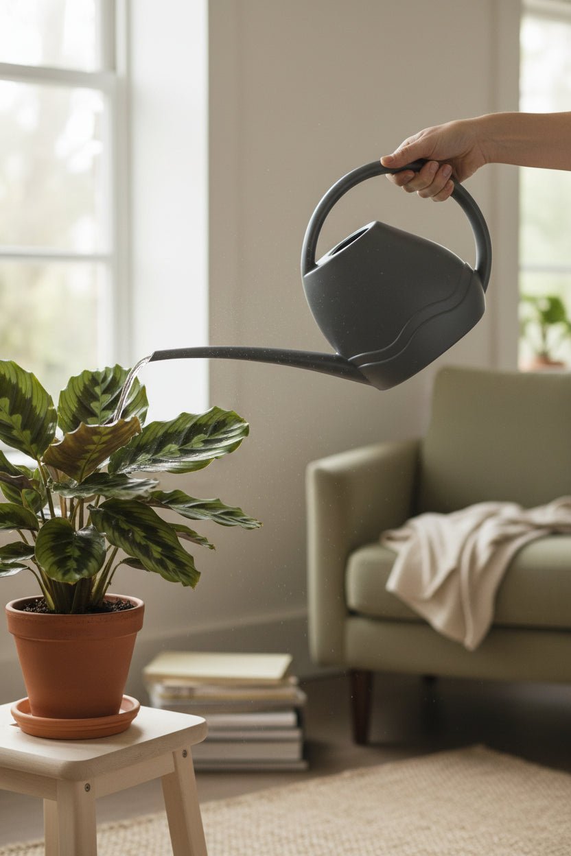 Arrosoir 3.5L Elho — Gris en train de arroser une plante tropicale