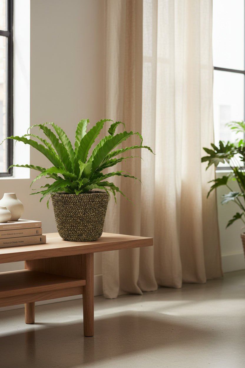 Falguera Asplenium Osaka en una cistella marró fosc sobre un moble de fusta a la sala d&