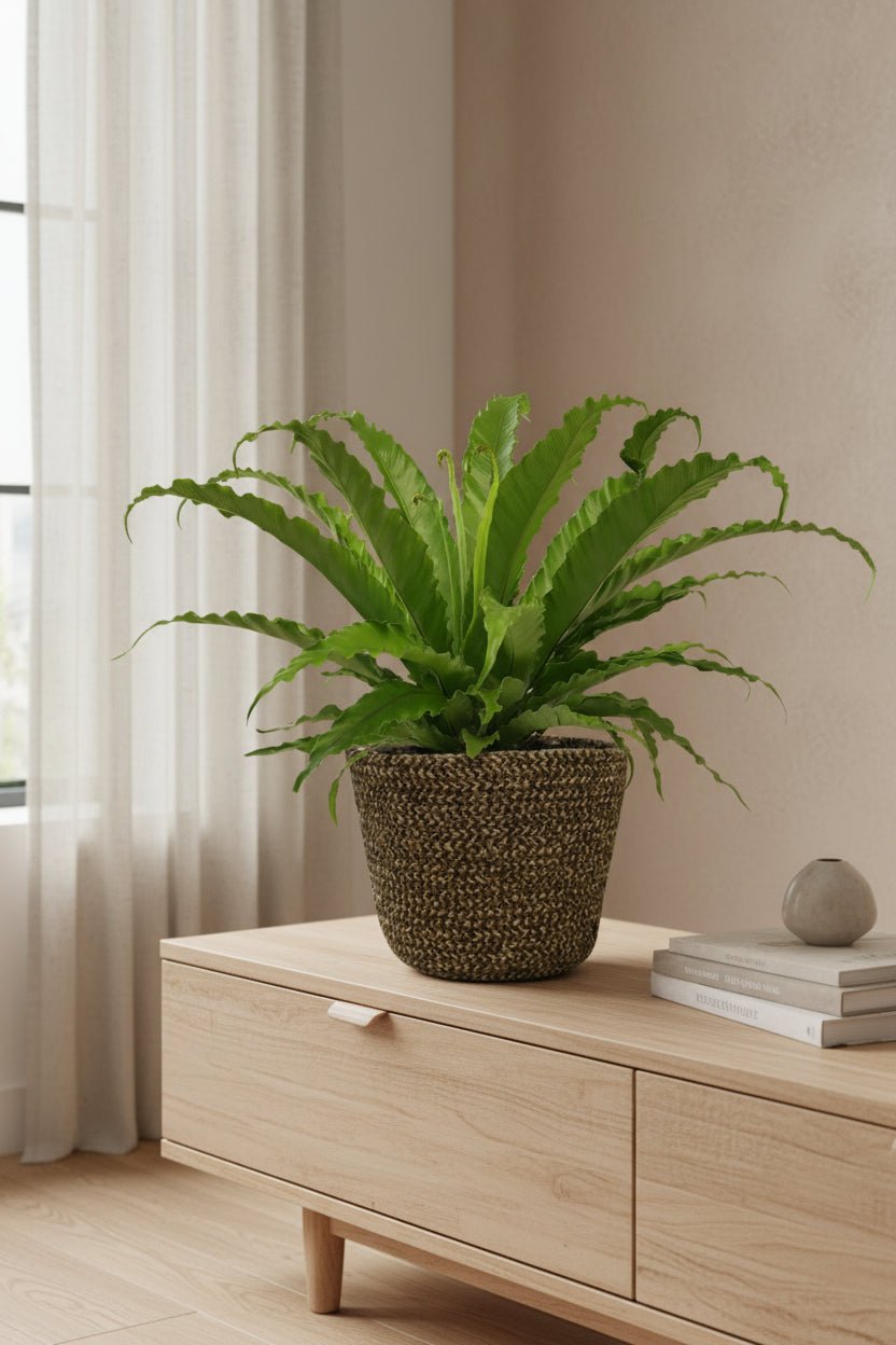 Fougère Asplenium Osaka en una cistella marró fosc sobre un moble baix de fusta per a televisió a prop de la finestra