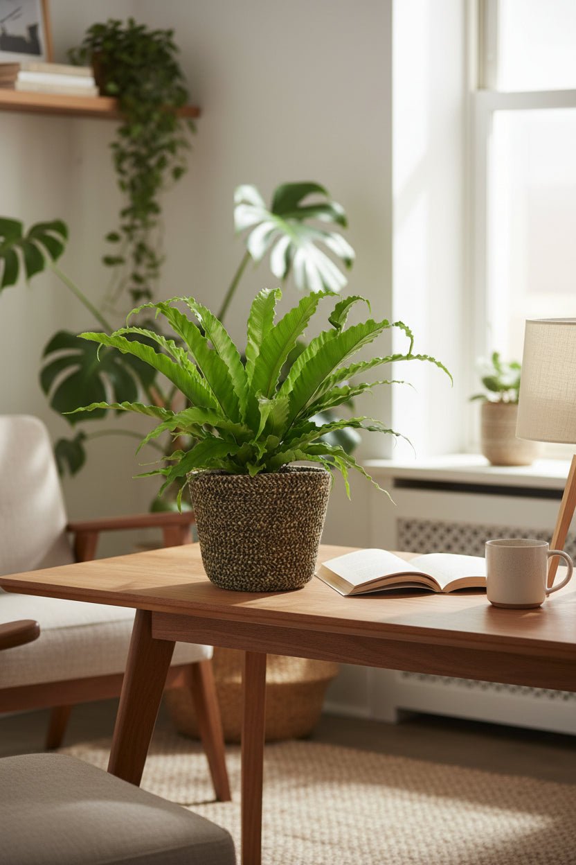 Fougère Asplenium Osaka en una cistella marró fosc sobre una taula al costat del llibre i la tassa