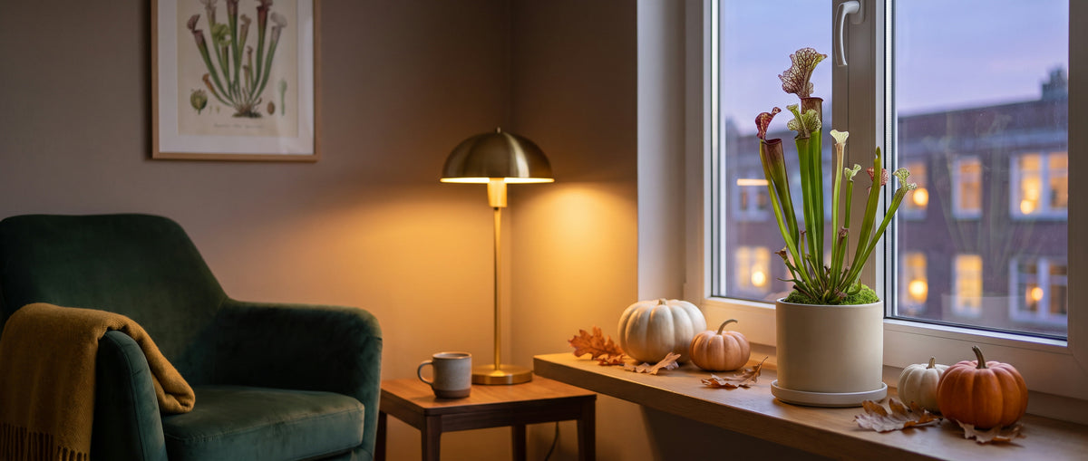 Sarracenia met groene en paarse bekers op een vensterbank met kleine pompoenen en herfstbladeren in een gezellige woonkamer bij schemering