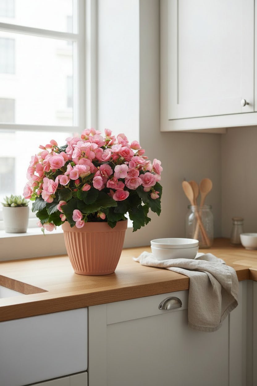 Begonia Betulia Candy — Bégonia rosa colocado sobre la encimera de la cocina