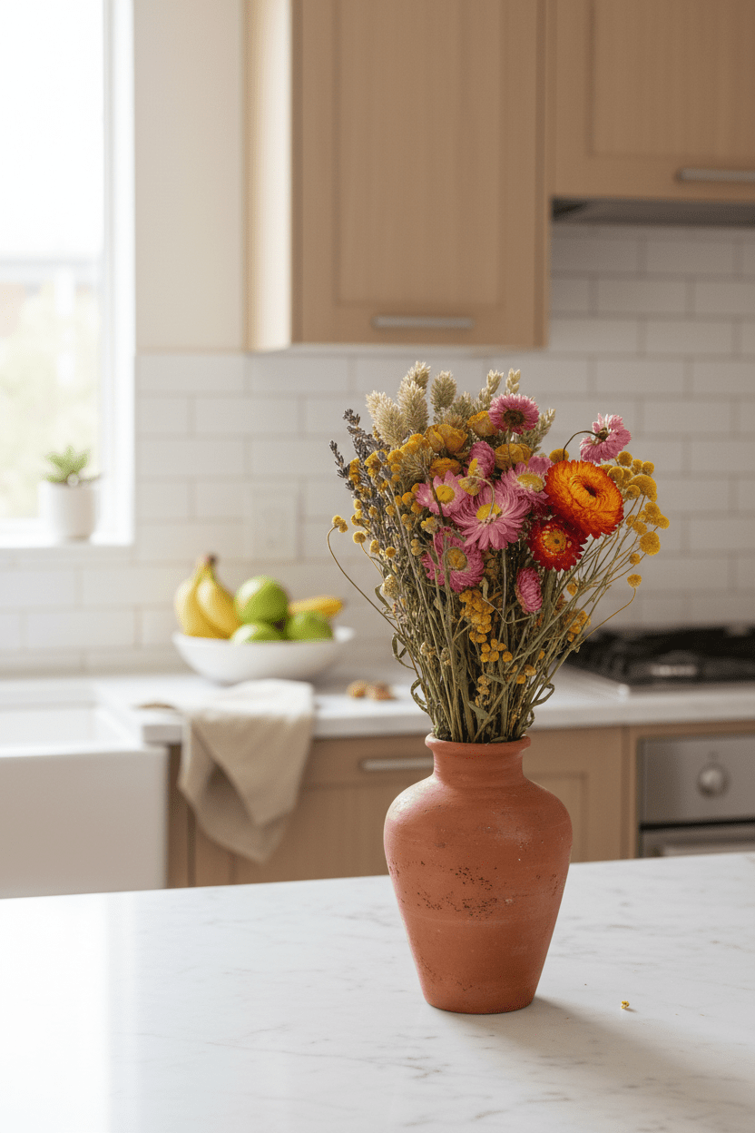 Ramo campestre assecat de tons multicolors en una bonica testera en una cuina lluminosa