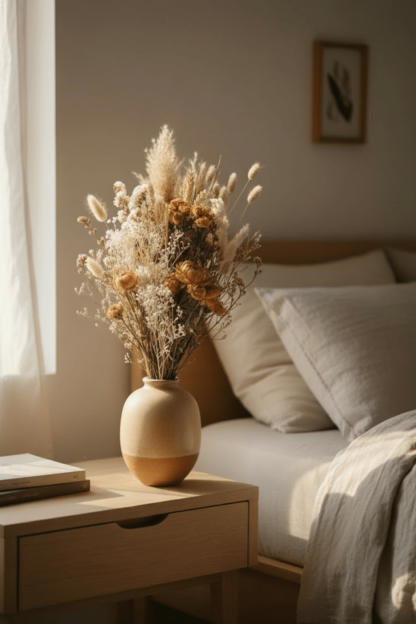 Ramo campestre assecat en un gerro sobre la tauleta de nit de l&