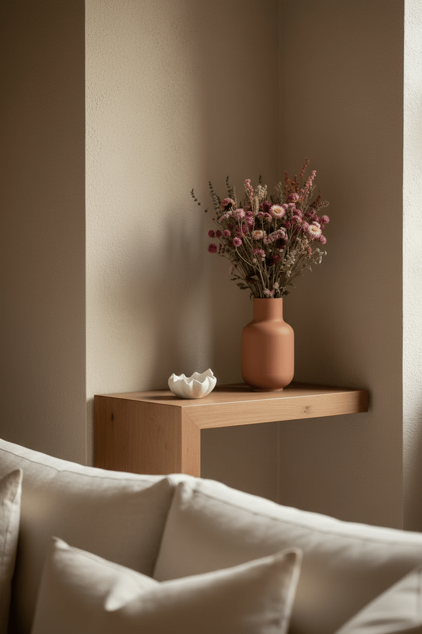 Ramo campestre assecat en tons rosats sobre una prestatgeria en un racó del saló