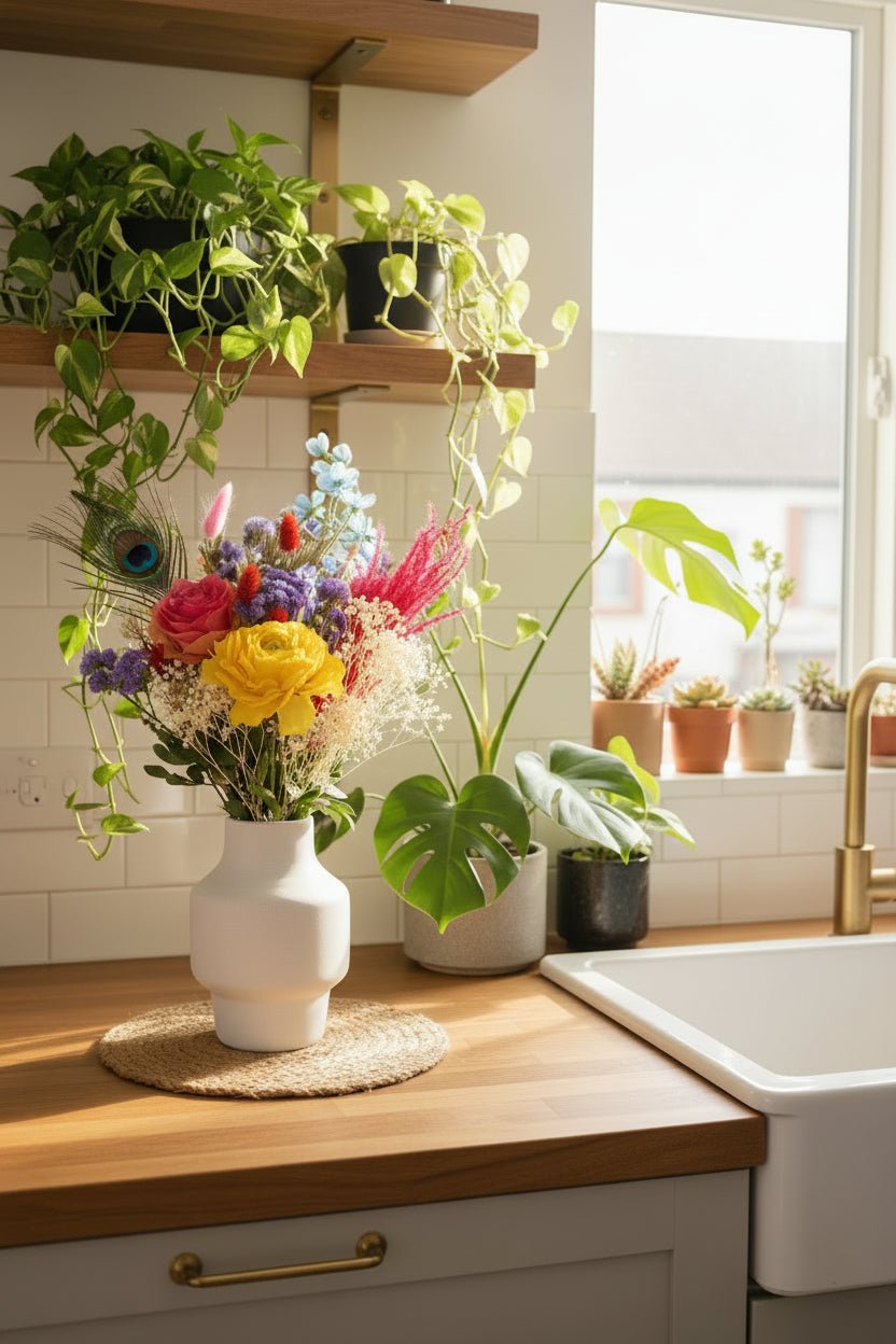 Ramo mixt sec i de seda sobre la superfície de treball de la cuina al costat de la finestra