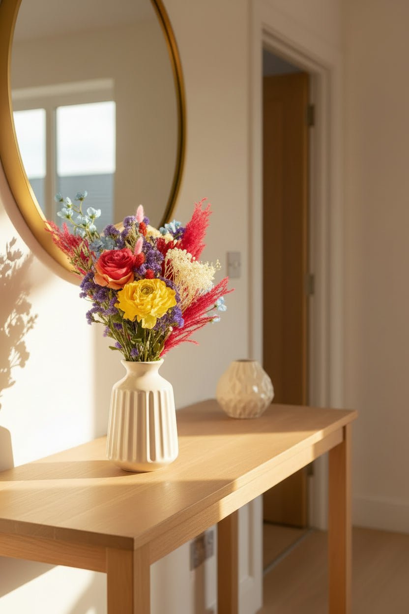 Ramo mixt sec i de seda en un bonic gerro blanc en una entrada assolellada