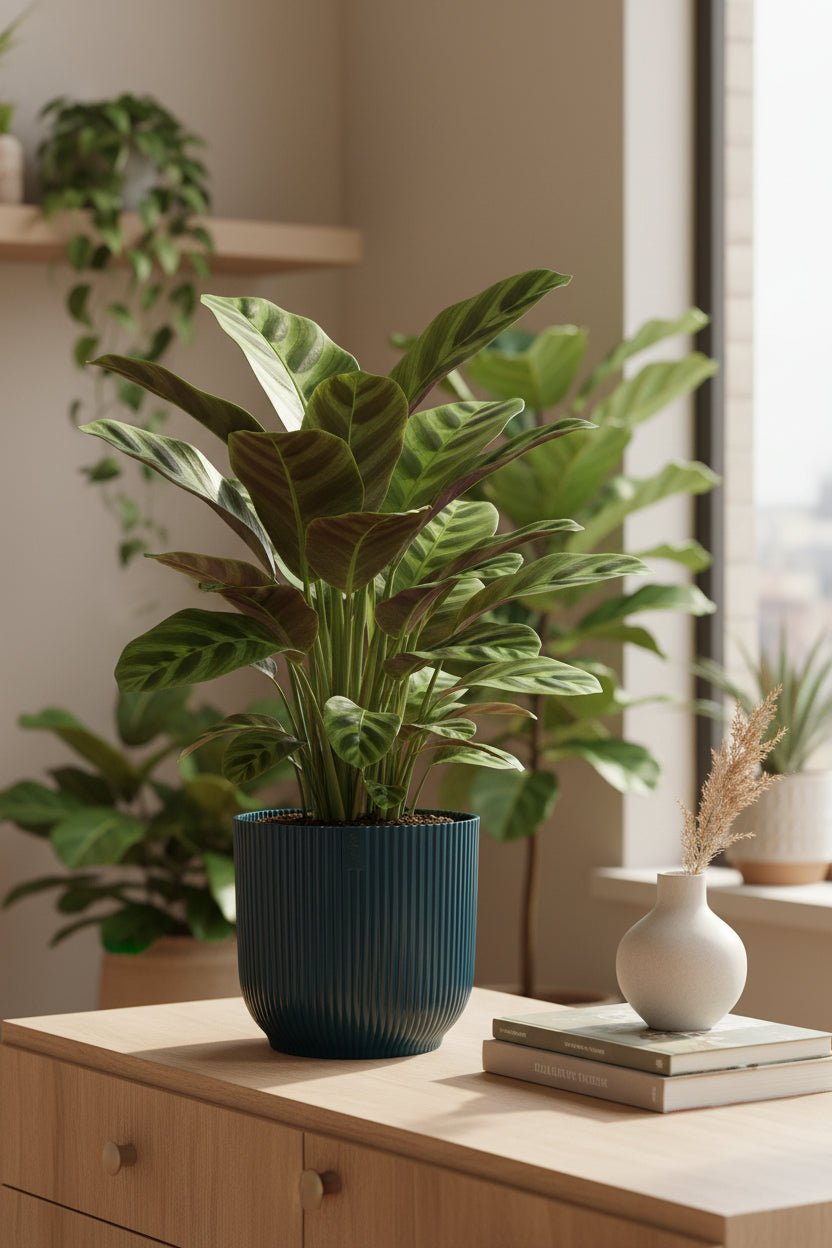 Cache-pot Elho Vibes Fold bleu posé sur un meuble avec une plante
