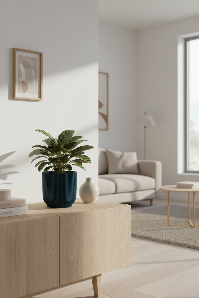 Cache-pot Elho Vibes Fold bleu pose sur un buffet dans un salon lumineux