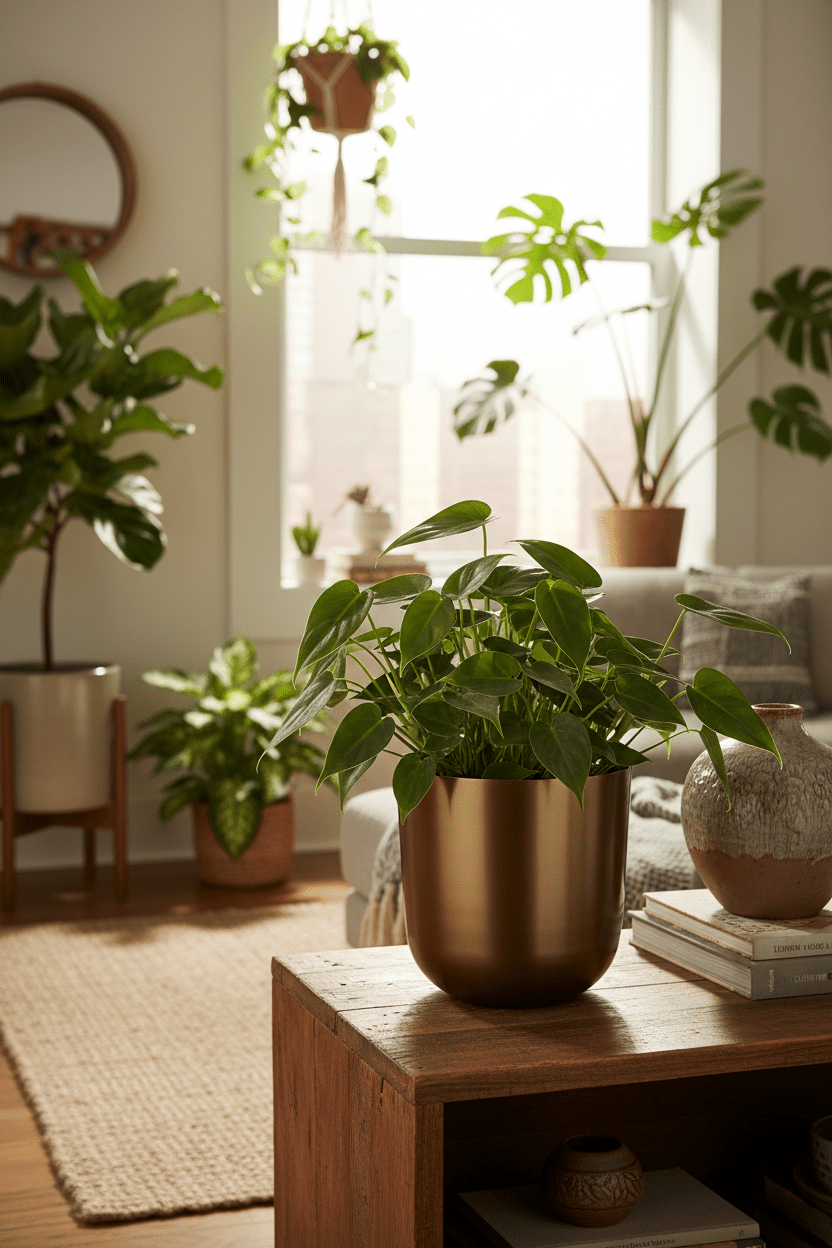 Cubremaceta Mayk dorado instalado en una sala con muchas plantas verdes