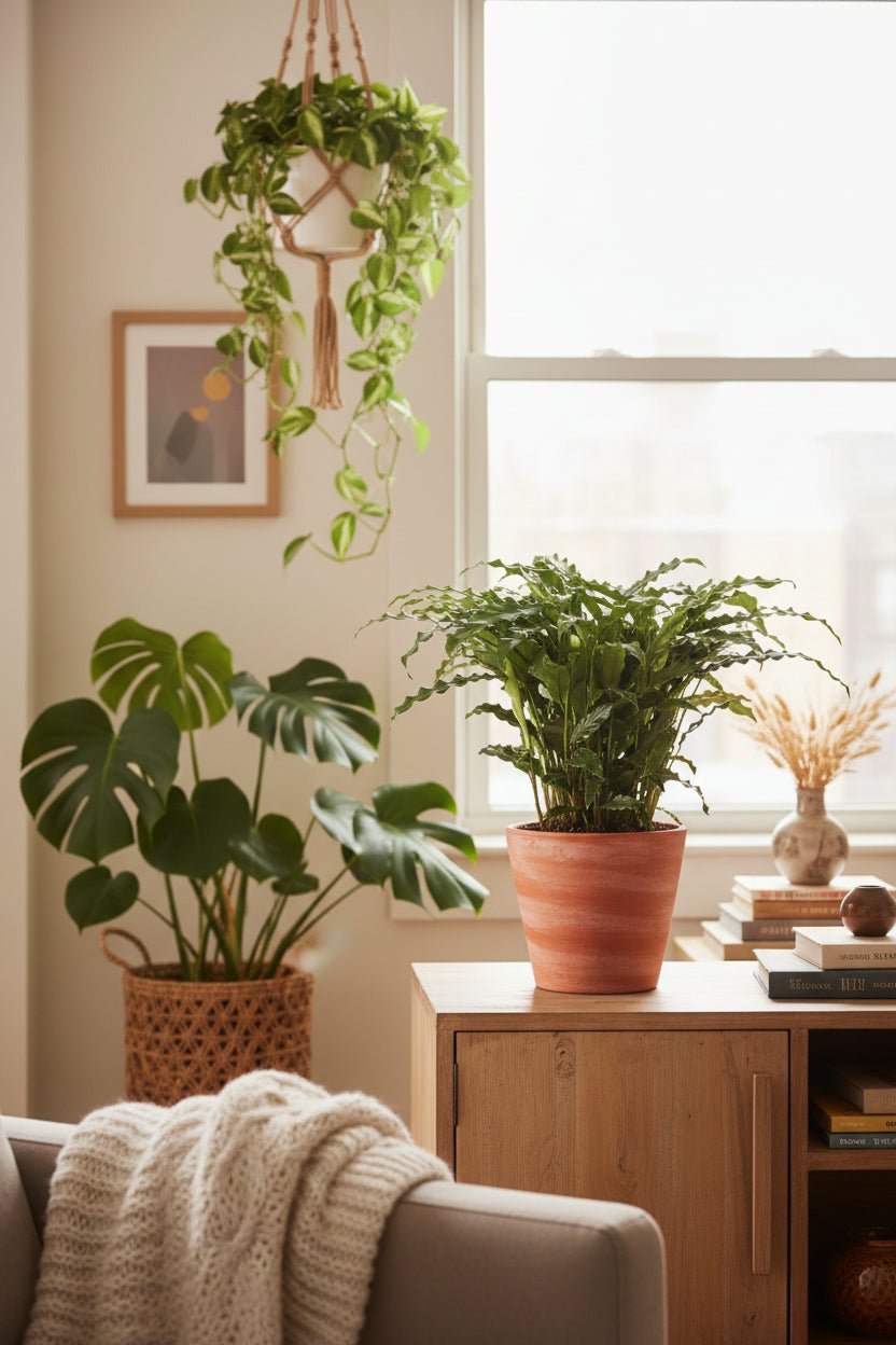 Calathea Bluegrass instalada cerca de la ventana con las otras plantas