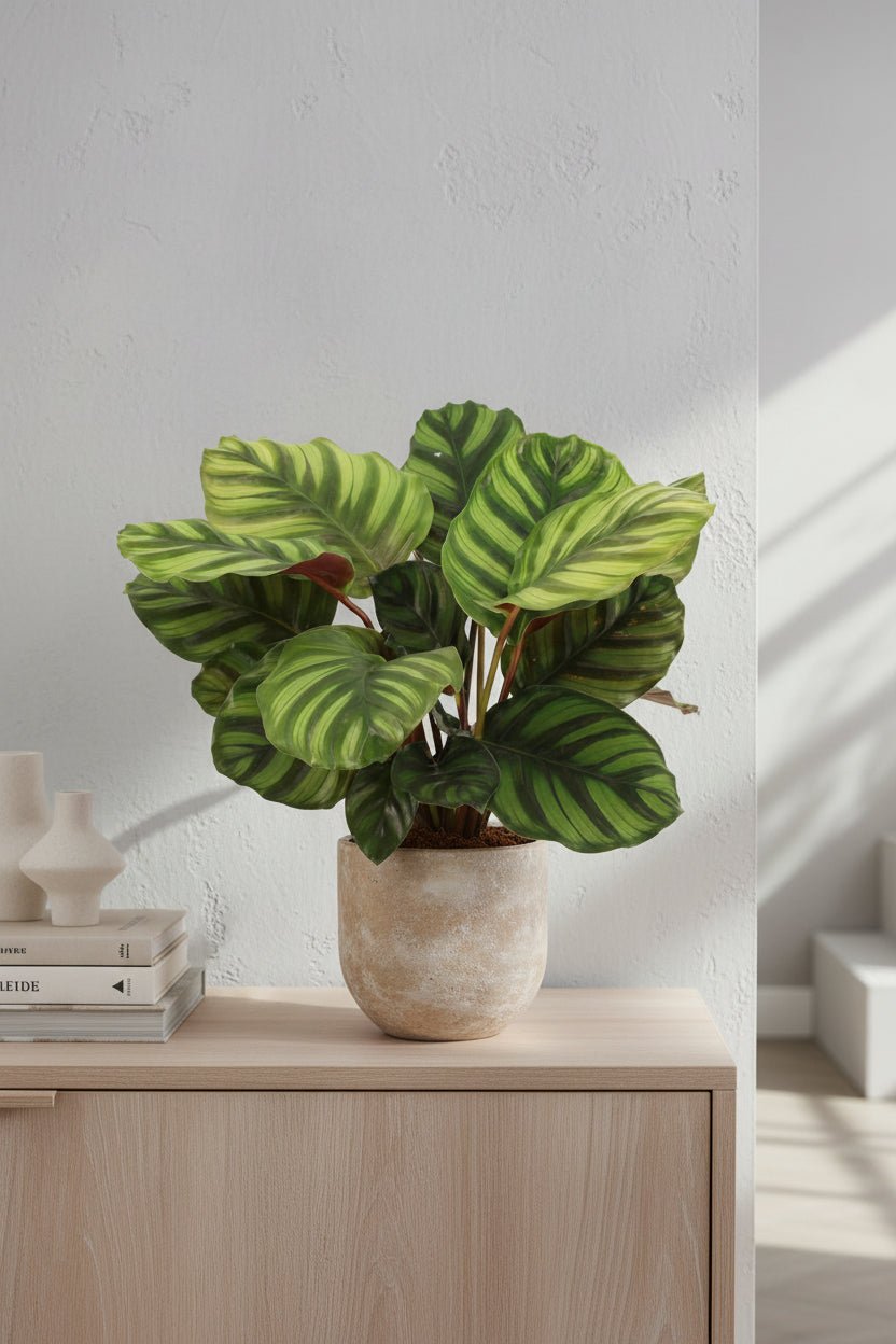 Calathea Fasciata num bonito vaso decorativo sobre um móvel de madeira num hall de entrada
