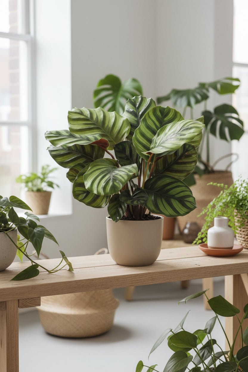 Calathea Fasciata num banco com as outras plantas à volta