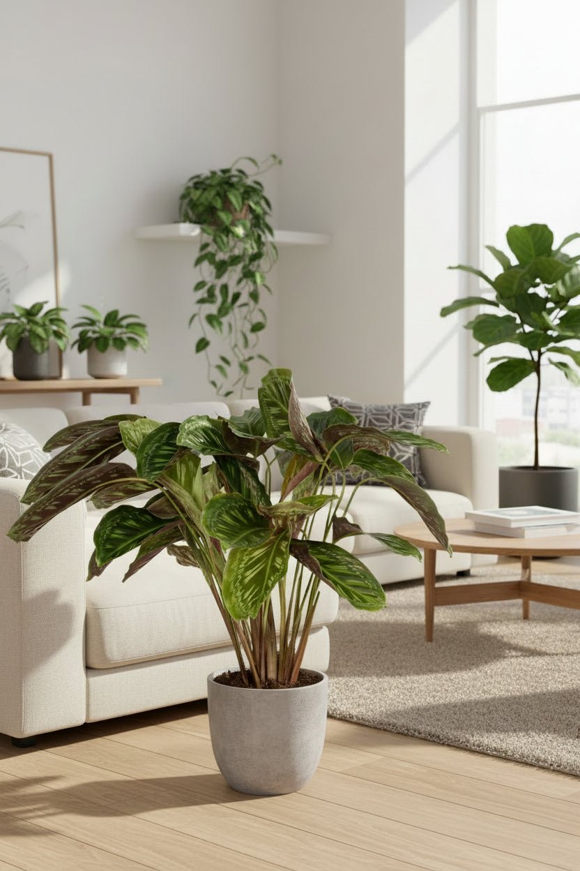 Calathea Flamestar — Planta pavo real colocada junto al sofá en una sala con otras plantas