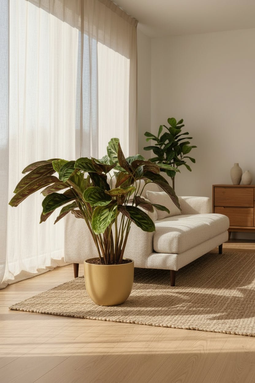 Calathea Flamestar — Planta paón colocada en una maceta bonita junto al sofá cerca de la ventana