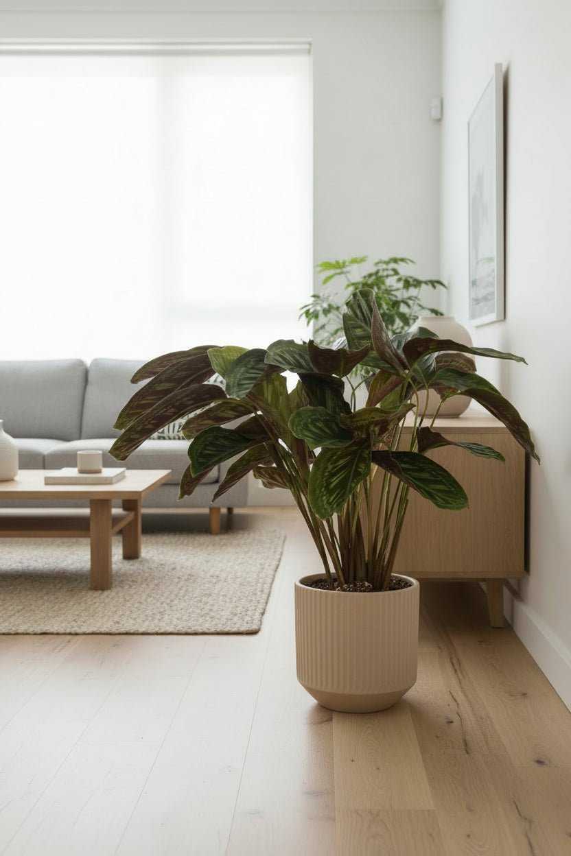 Calathea Flamestar — Planta paón colocada en la sala sobre parquet