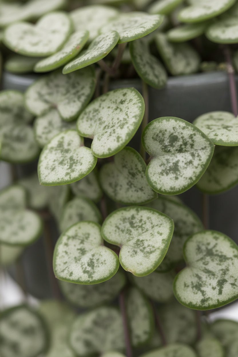 primer plano de las hojas en forma de corazón del Ceropegia Woodii — Cadena de corazones