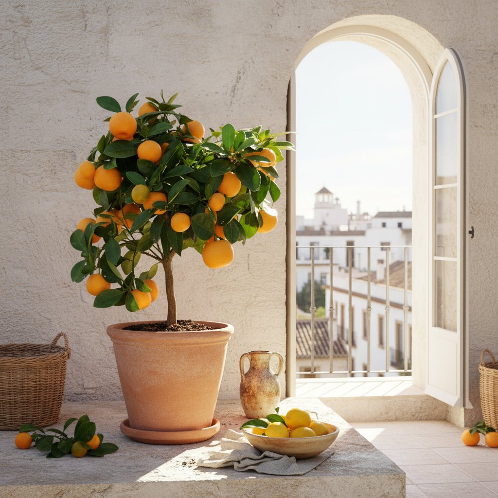 Calamondín naranja en maceta de terracota - cítrico decorativo cerca de la ventana