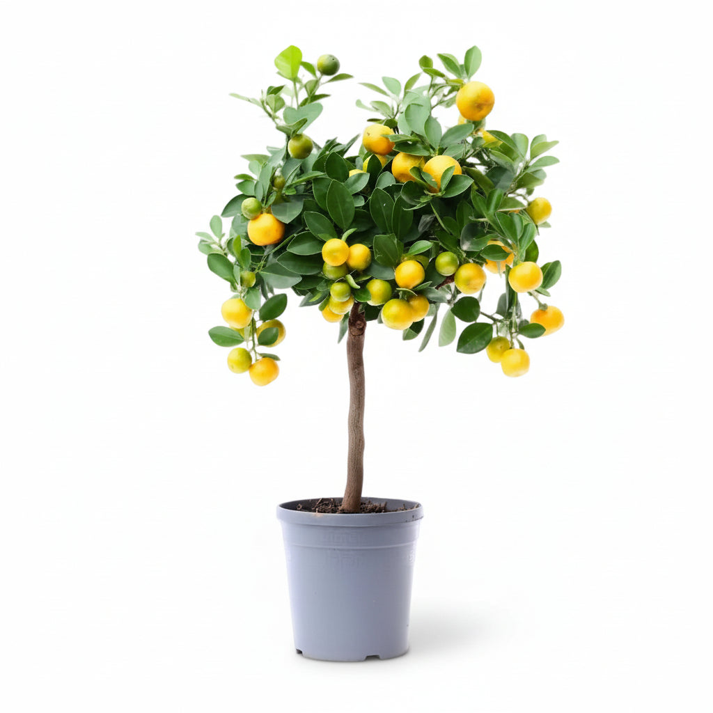 Citrus Calamondin Ø22 cm x V80 v květináči — pomerančovník citrusový do bytu na bílém pozadí