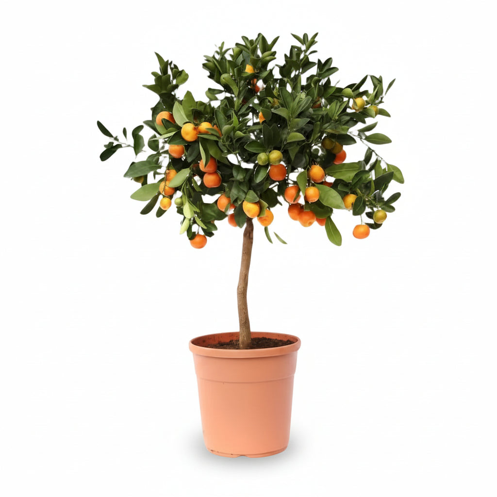 Citrus Calamondin Ø15 cm x H40 cm v květináči — pomerančovník citrus pro byt na bílém pozadí