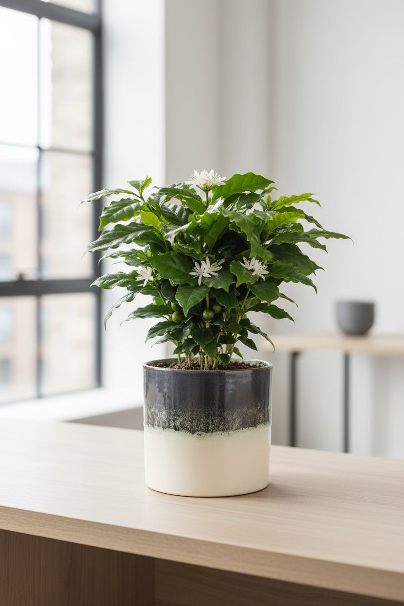 Coffea arabica — Caféplante — Ø12 x H20 cm — Klar til at stille — Hvid keramik - Verdeia - 4