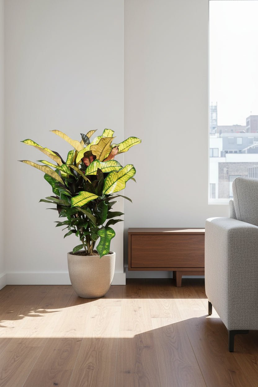 Croton Wilma — Codiaeum instalado en una habitación luminosa junto al sofá