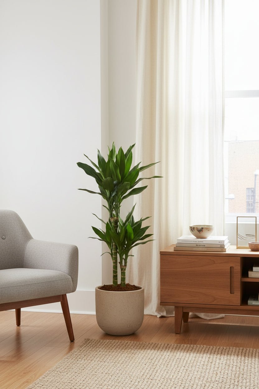Dracaena Janet Lind, dracena colocada ao lado da janela numa sala de estar