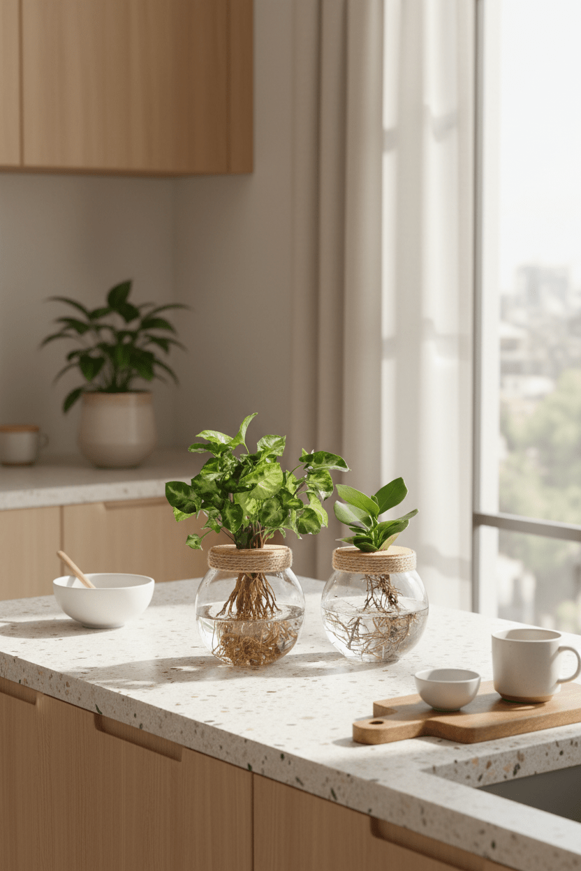 Duo Clusia i Syngonium Green w szklanym hydroponicznym systemie, ustawione na kuchennym blacie