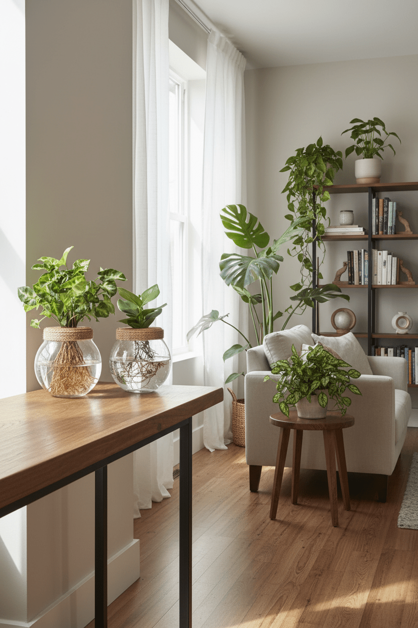 Duo Clusia i syngonium w szkle hydroponicznym ustawione na konsoli w salonie