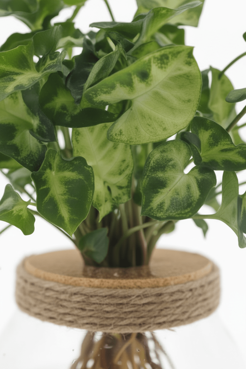 zbliżenie na liście zestawu Duo Clusia i Syngonium Green Hydroponique w szkle