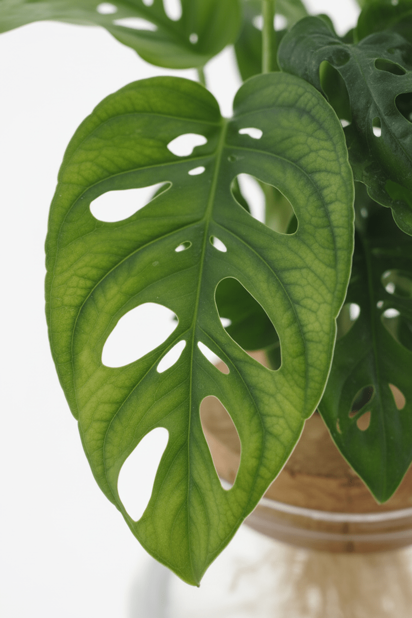 primer plano del follaje del Duo Monstera adansonii y Syngonium en un jarrón de vidrio