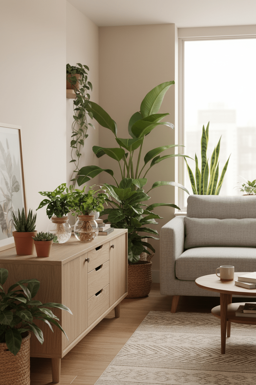 Dúo Monstera adansonii y Syngonium en un jarrón de vidrio colocado sobre un aparador en la sala