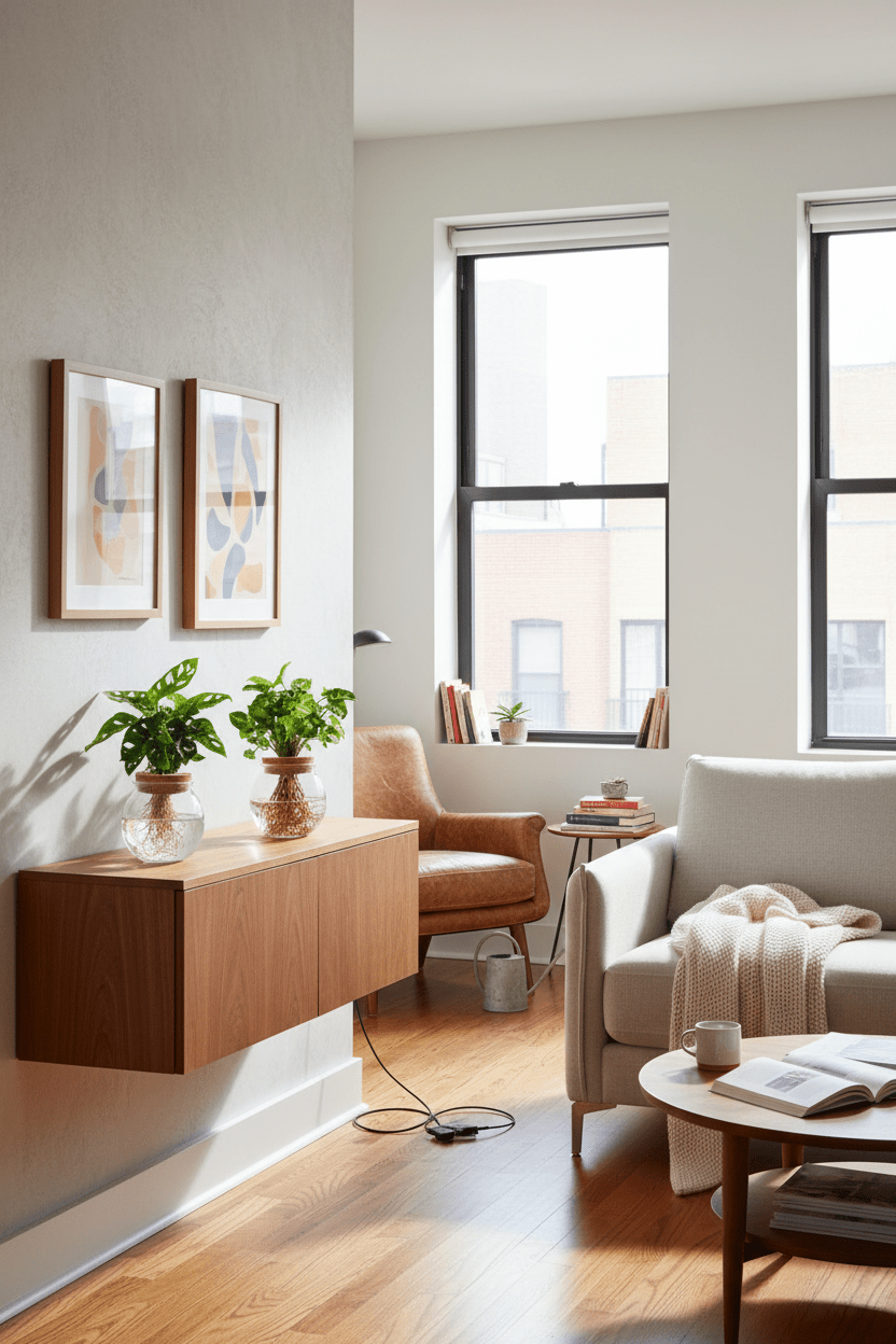 Dúo Monstera adansonii y Syngonium en un jarrón de vidrio colocado sobre una consola de pared en la sala