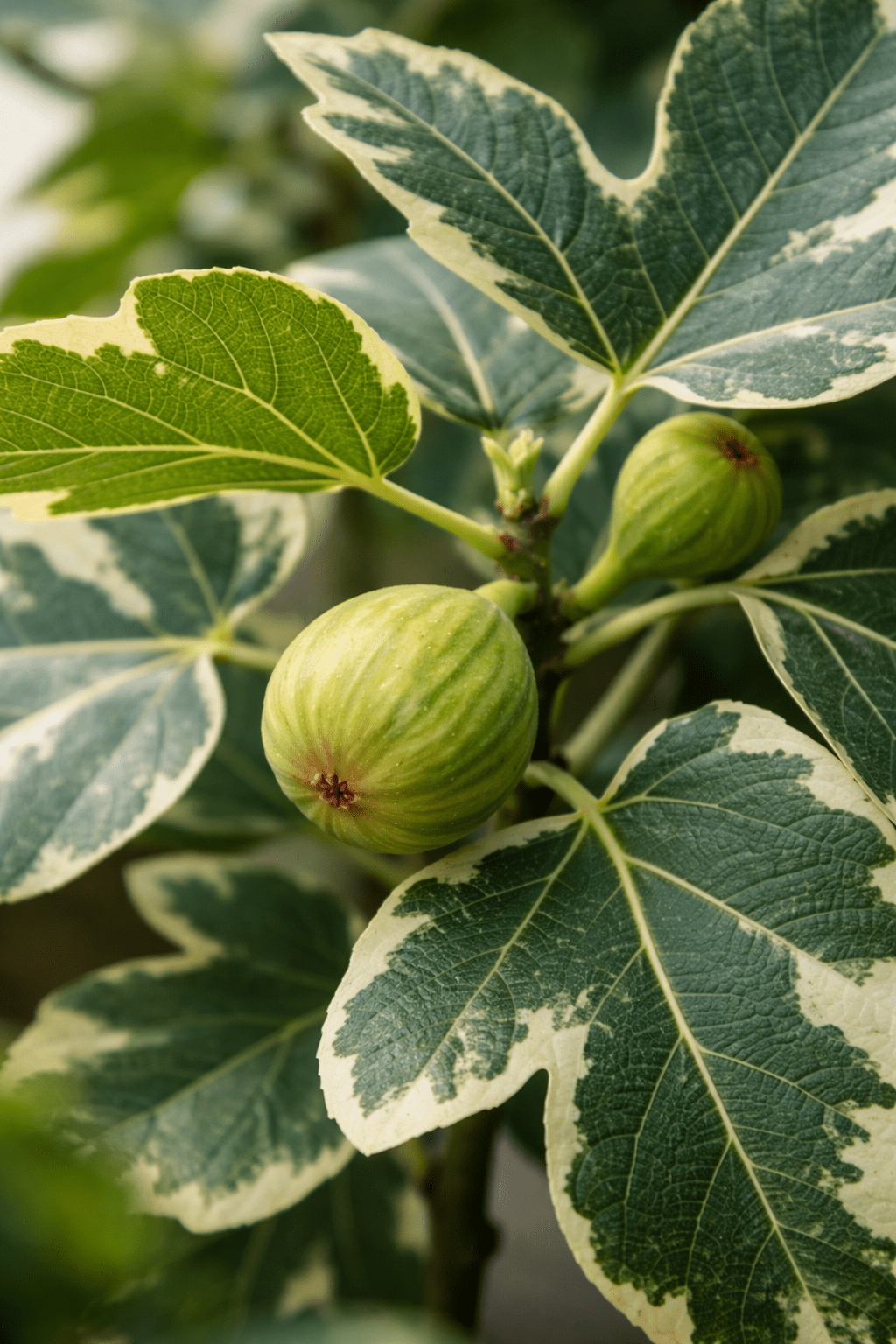 Primer plano de las hojas y el fruto del higuera Ficus carica Panaché