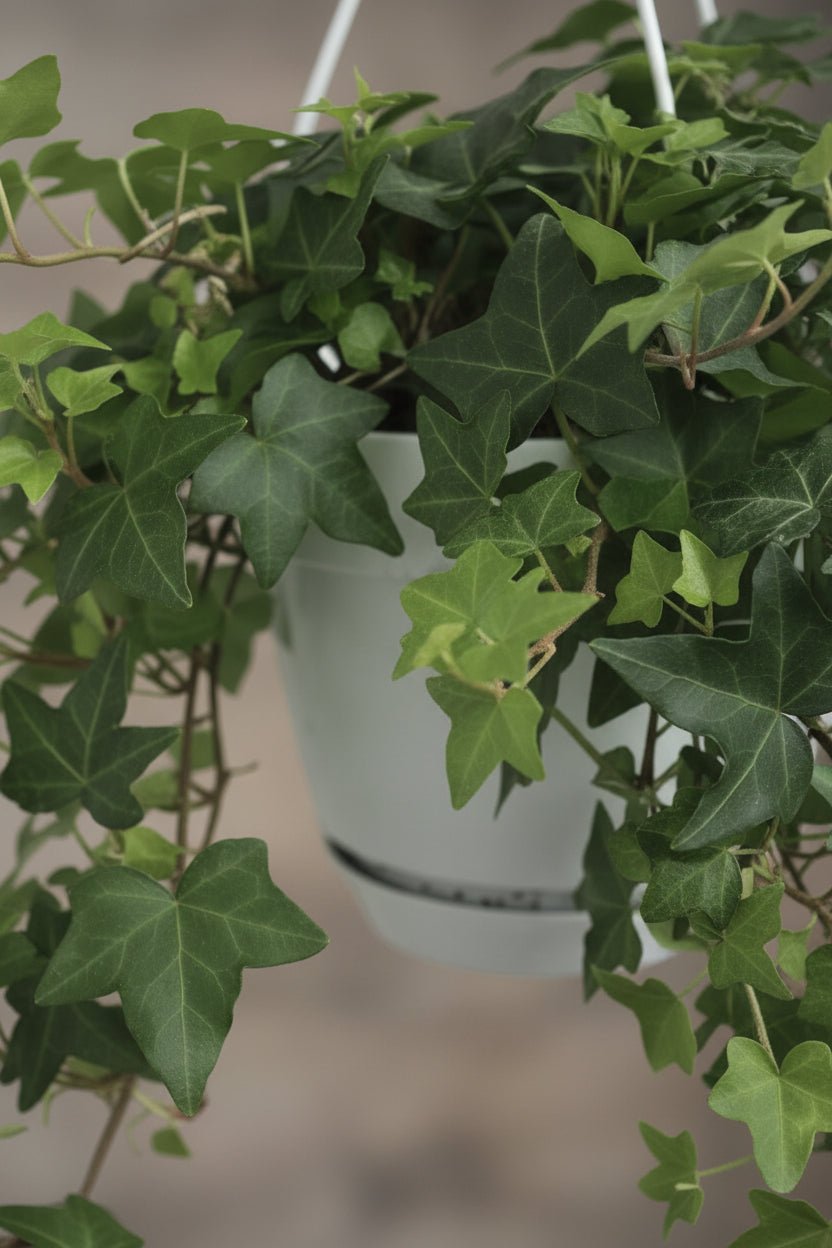 gros plan sur Hedera Helix Groen avec pot suspendu blanc