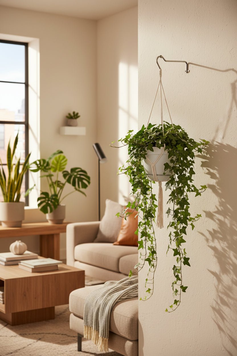 Hedera Helix Groen avec pot suspendu blanc dans le salon contre un mur beige