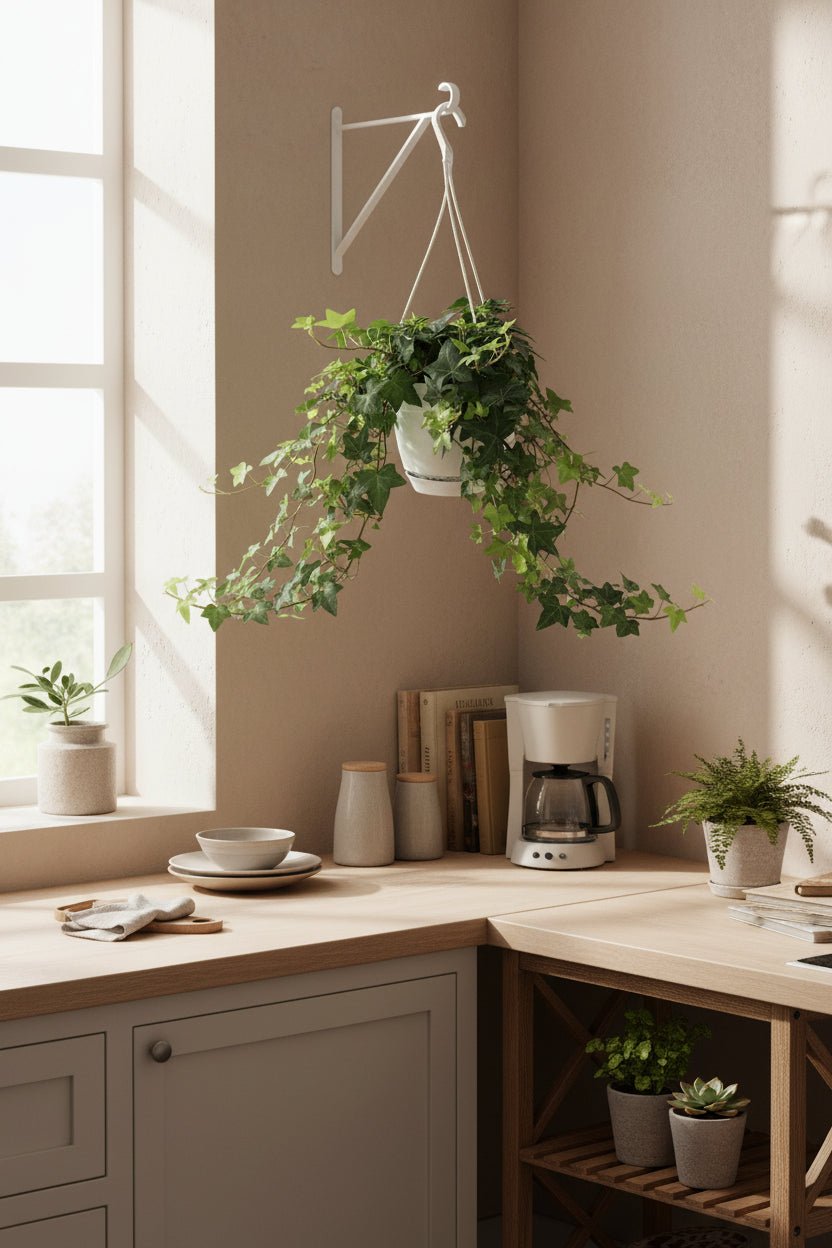 Hedera Helix Groen avec pot suspendu blanc dans une cuisine près de la fenêtre