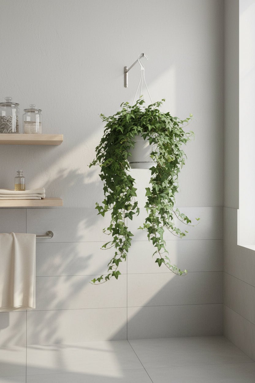 Hedera Helix Groen avec pot suspendu blanc dans la salle de bain près de la fenÊtre