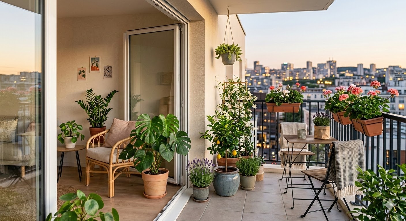 Balcon d'appartement avec monstera, citronnier et géraniums en pots, vue sur ville au coucher du soleil