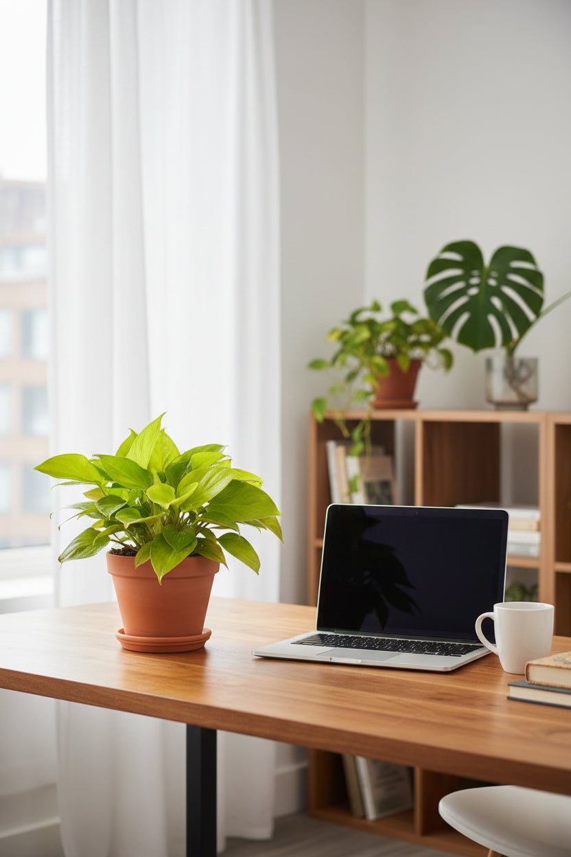 Homalomena Lemon Lime dans un pot en céramique marron posé sur le bureau à coté du MAC